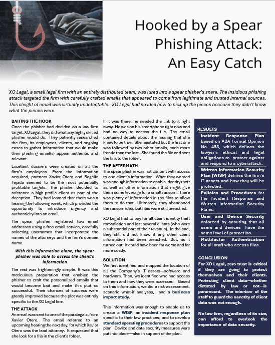 Hooked by a Spear Phishing Attack, legal, phishing, cyberattack, business case study, business case studies, B2B case studies, spear phisher, WISP, business impact study, WISP, written information security plan, multifactor authentication, incident response plan, standard operating procedures, policies, procedures, data secuirty measures, ABA Formal Opinion No 483